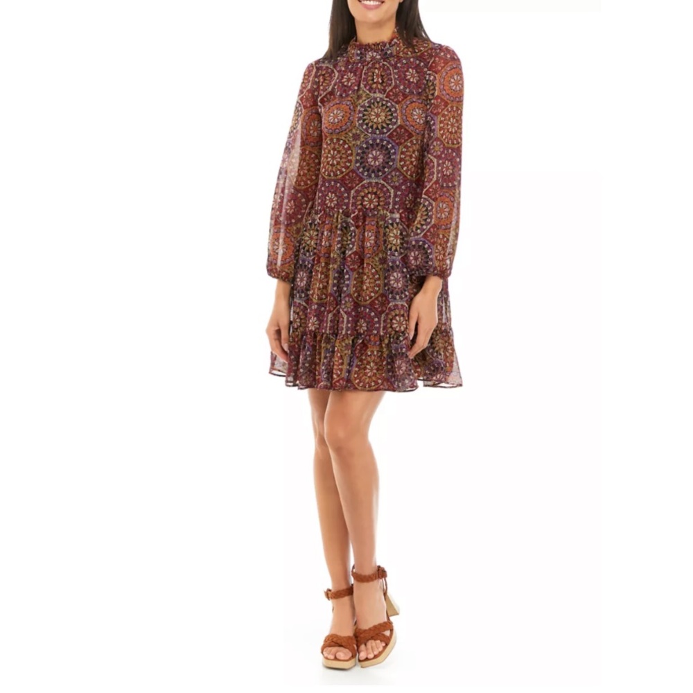 Gabby Skye Multicolor Medallion Print Long-Sleeve Ruffle Dress